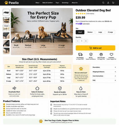 Elevated dog bed size guide showing Small, Medium, Large, and X-Large sizes with recommended dog weights